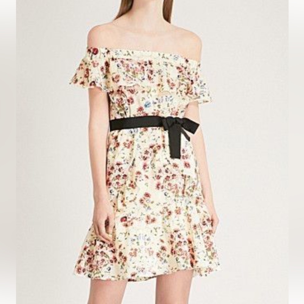 Maje 100% silk Floral Off-Shoulder Dress with Black Belt size 3 ( fits M/L) - Picture 10 of 11